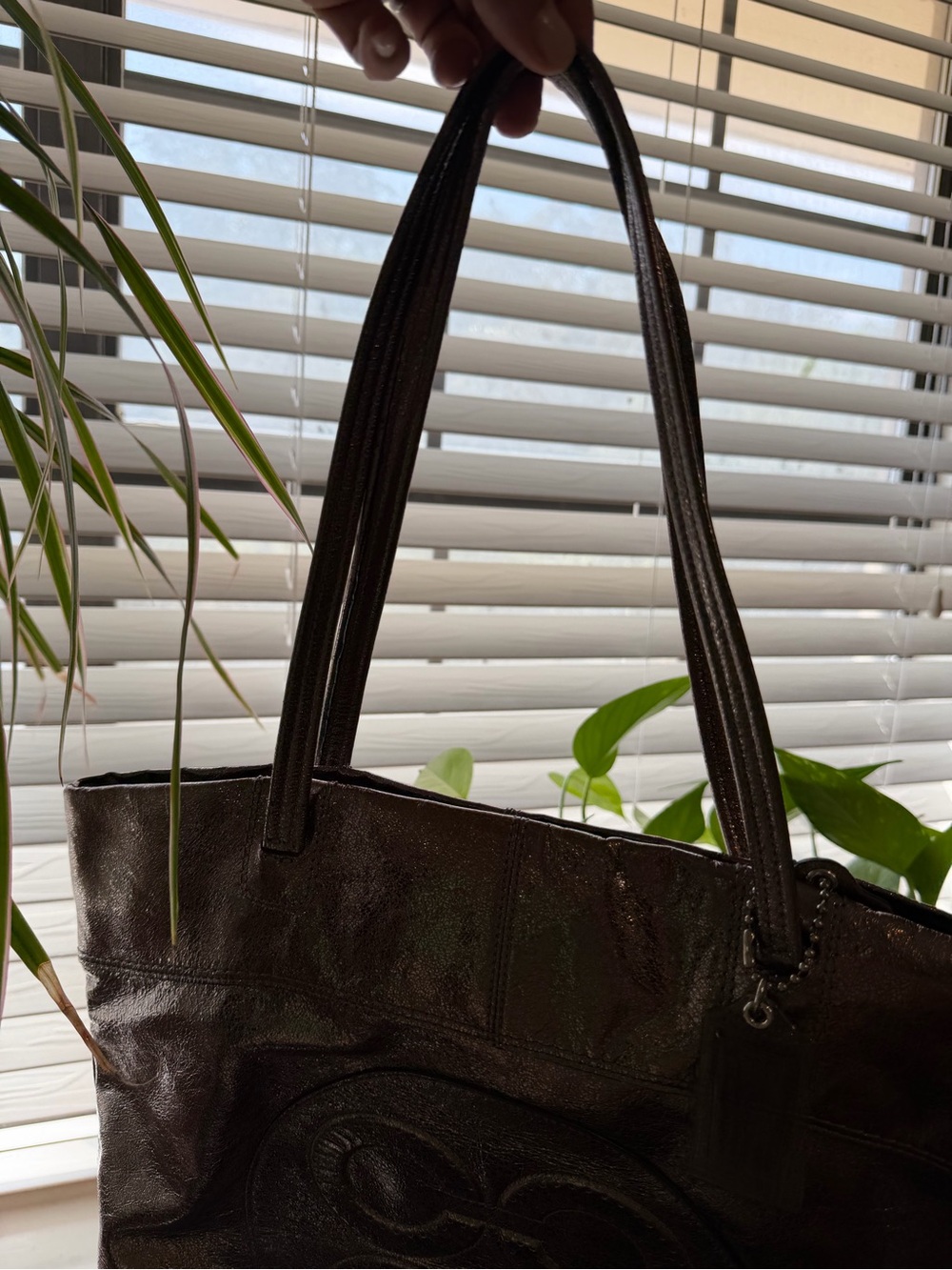 Coach Metallic Bronze Leather Op Art Logo Large Tote Shoulder Bag - Picture 2 of 6
